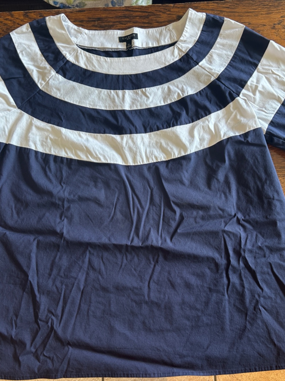 Talbots Navy and White Striped Yoke Top
